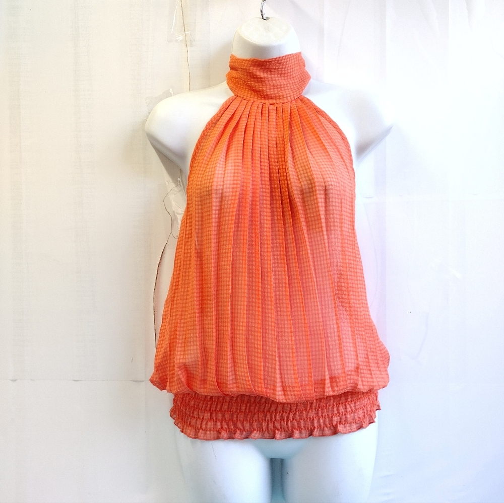 NEW Flamingo USA Sheer Tie Back Turtle High neck Smocked Top Size M